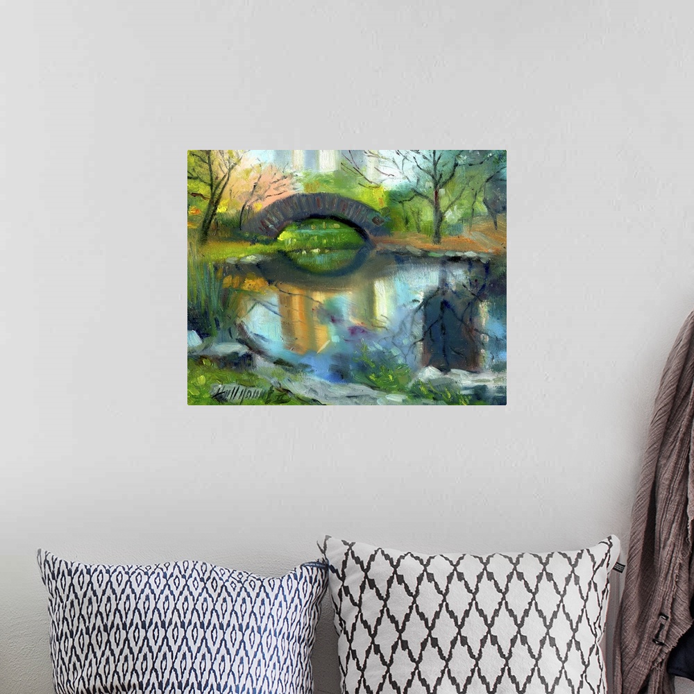 A bohemian room featuring Contemporary painting of an idyllic park scene.