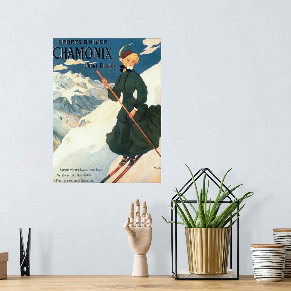A bohemian room featuring Vintage poster advertisement for Chamonix Mont Blanc.