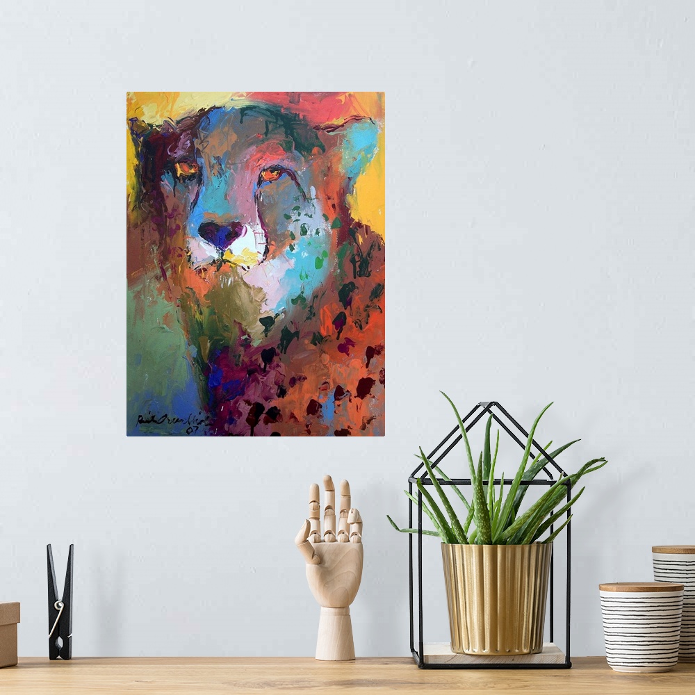 A bohemian room featuring Contemporary vibrant colorful painting of a cheetah.