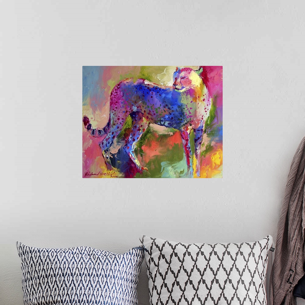 A bohemian room featuring Contemporary vibrant colorful painting of a cheetah.