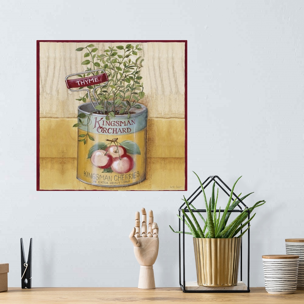 A bohemian room featuring thyme plant growing in Kingsman Orchard Cherries tin