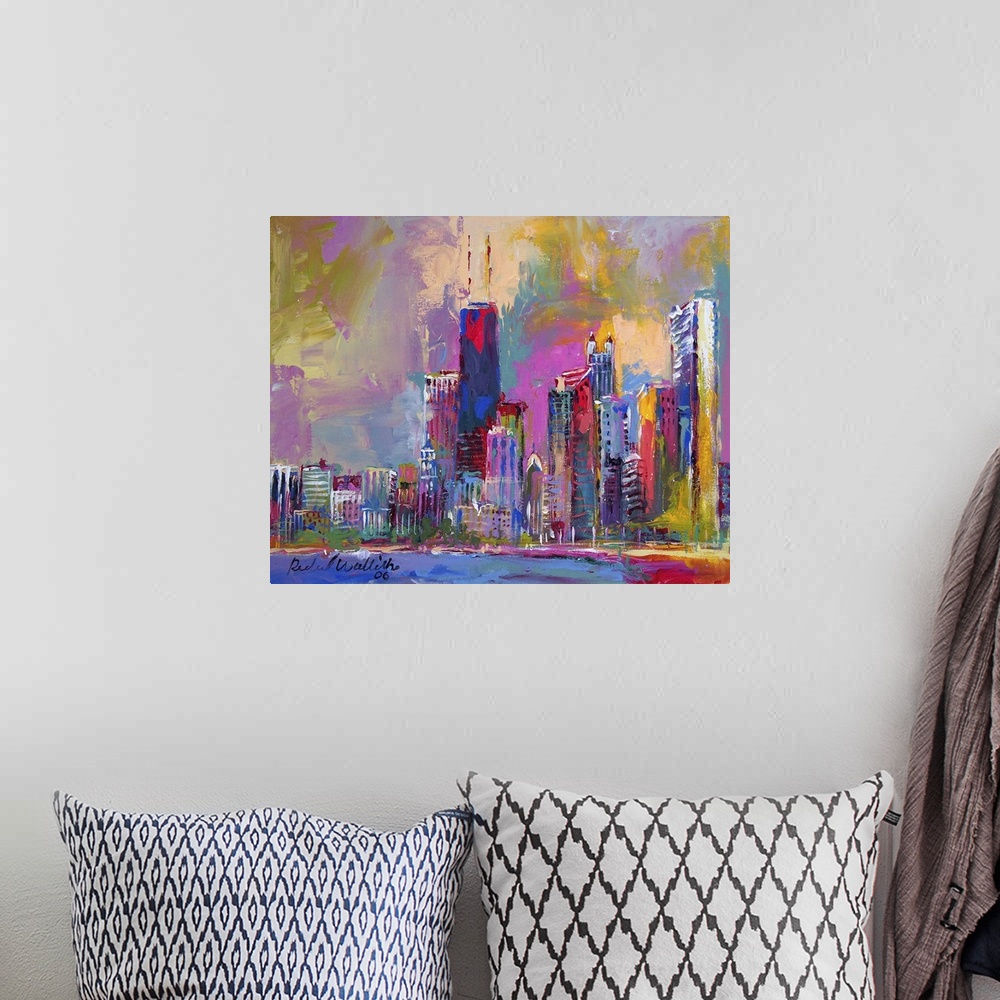 A bohemian room featuring Contemporary colorful painting of an urban skyline.