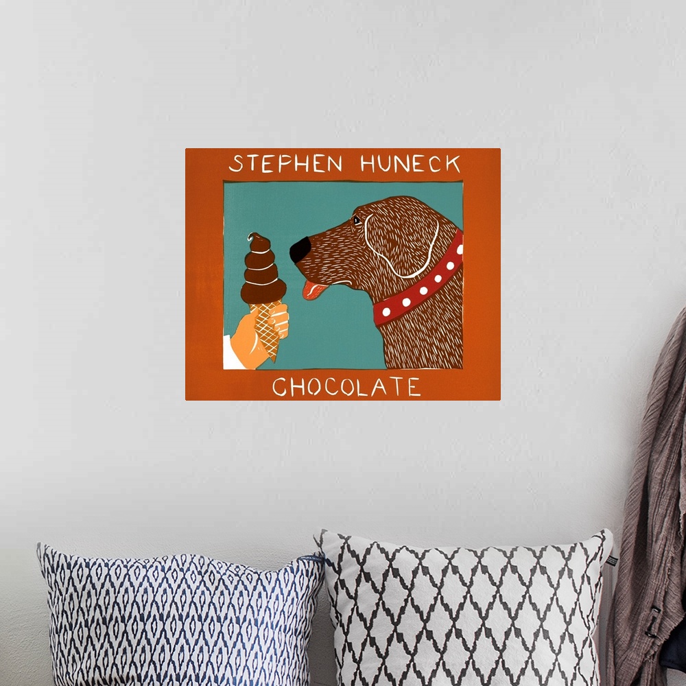 A bohemian room featuring Illustration of a chocolate lab about to lick a chocolate ice cream cone with the word "Chocolate...