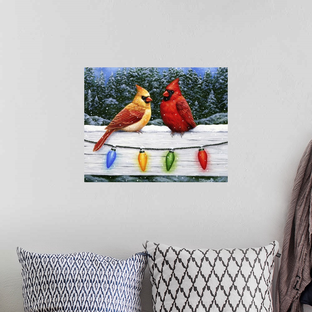 A bohemian room featuring A pair of cardinals on a fence with Christmas lights.