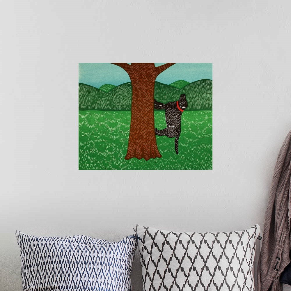 A bohemian room featuring Illustration of a black lab climbing up a tree (most likely chasing a squirrel or bird).