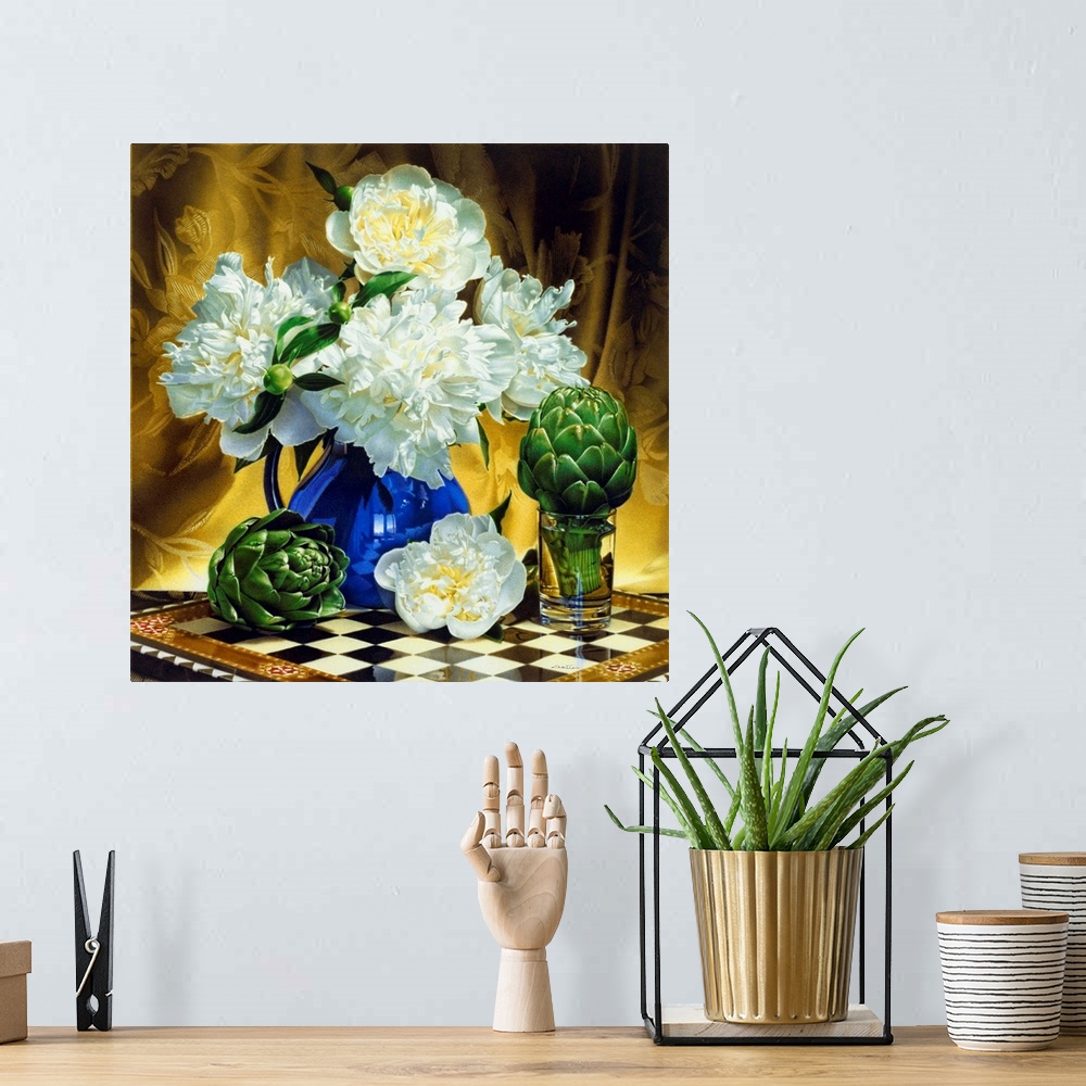 A bohemian room featuring Contemporary vivid realistic still-life painting of white flowers in a blue vase with artichoke h...
