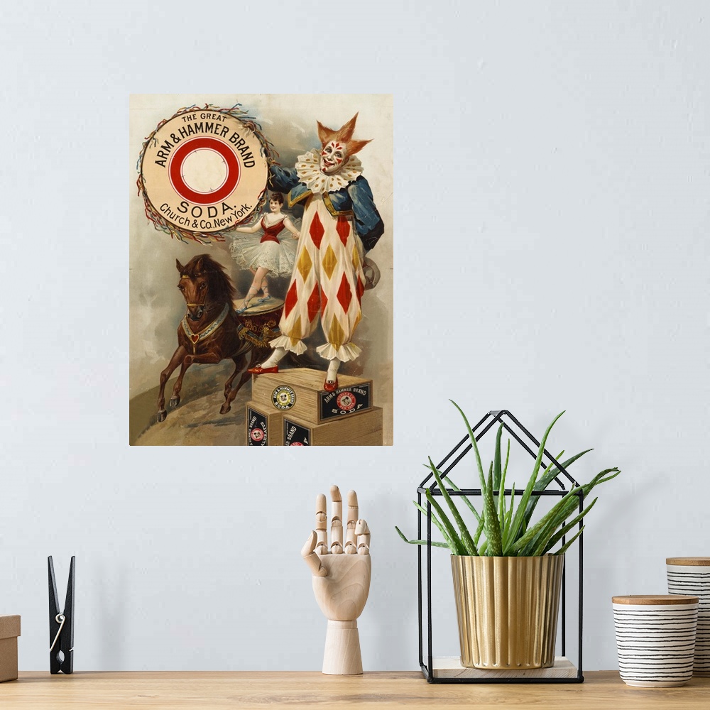 A bohemian room featuring Clown, Horse, Acrobat and Arm and Hammer Brand Soda