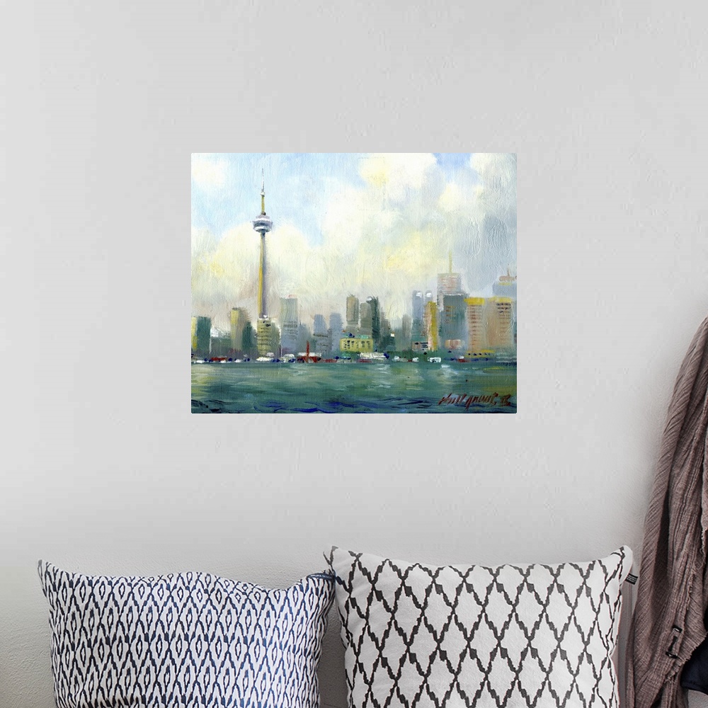 A bohemian room featuring Contemporary painting of a skyline view of Toronto, Canada.