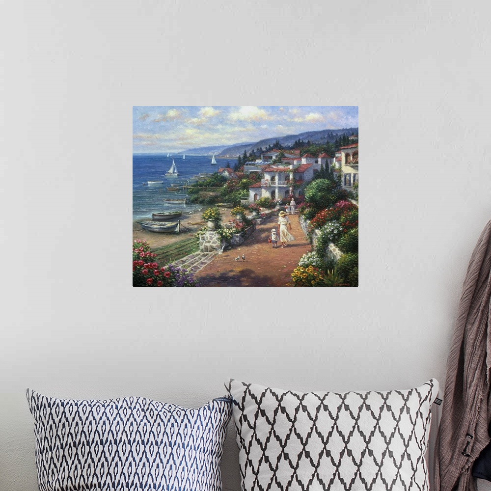 A bohemian room featuring Contemporary painting of an idyllic coastal European village.