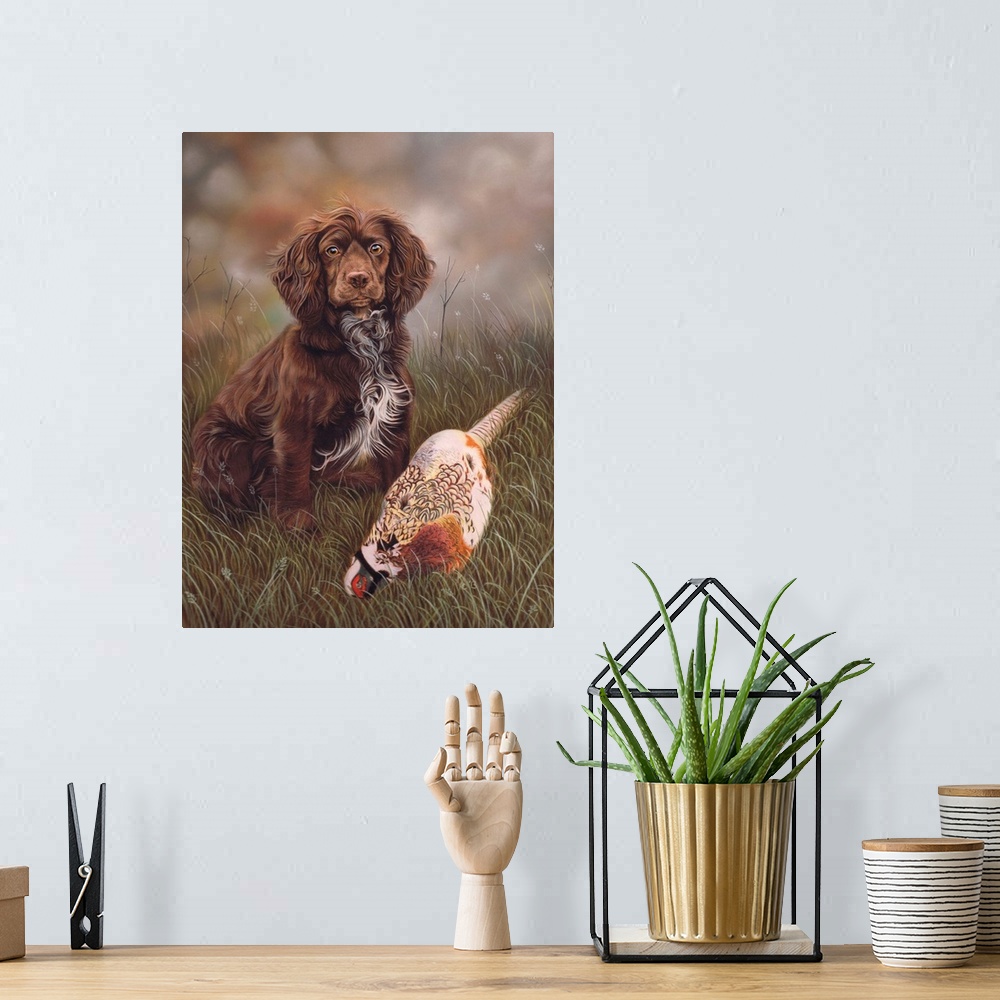 A bohemian room featuring Contemporary painting of a cocker spaniel and a pheasant.