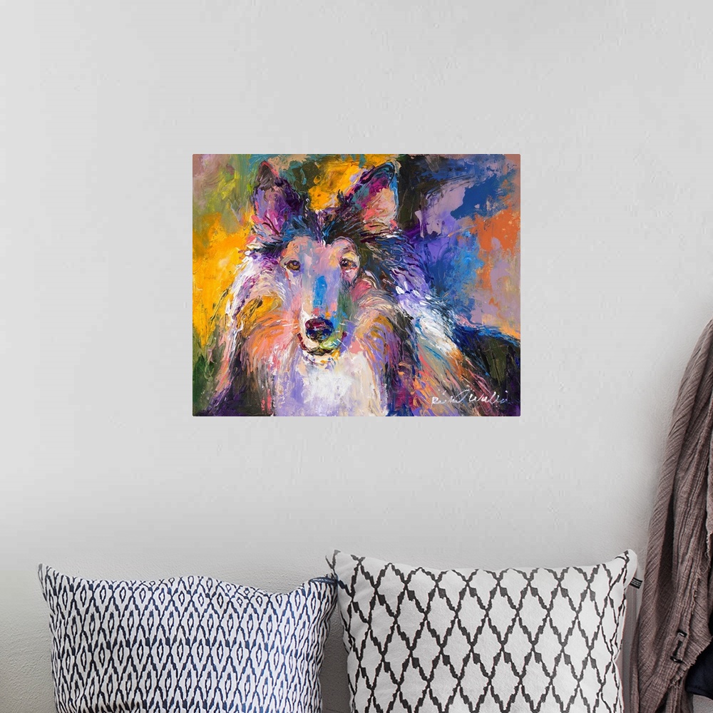 A bohemian room featuring Colorful abstract portrait of a Collie.