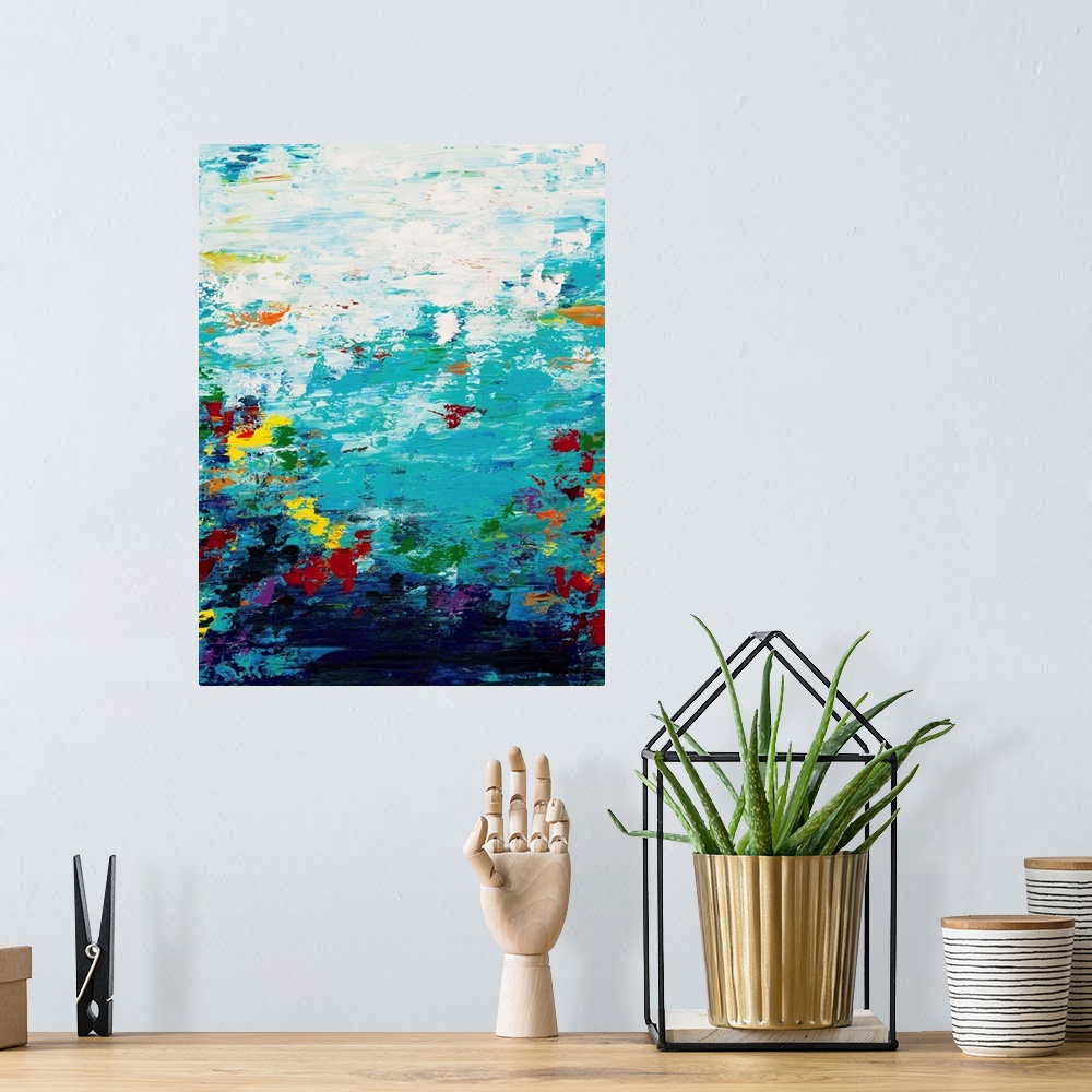 A bohemian room featuring Contemporary abstract painting in turquoise and white.