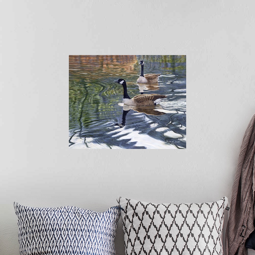 A bohemian room featuring Contemporary artwork of two geese swimming in a pond.