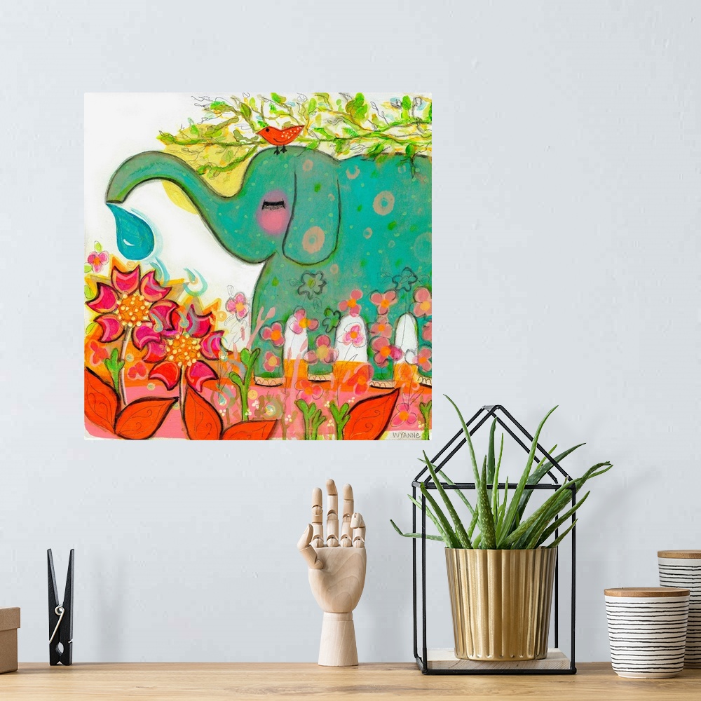 A bohemian room featuring A green elephant watering a garden, with a small bird on its head.