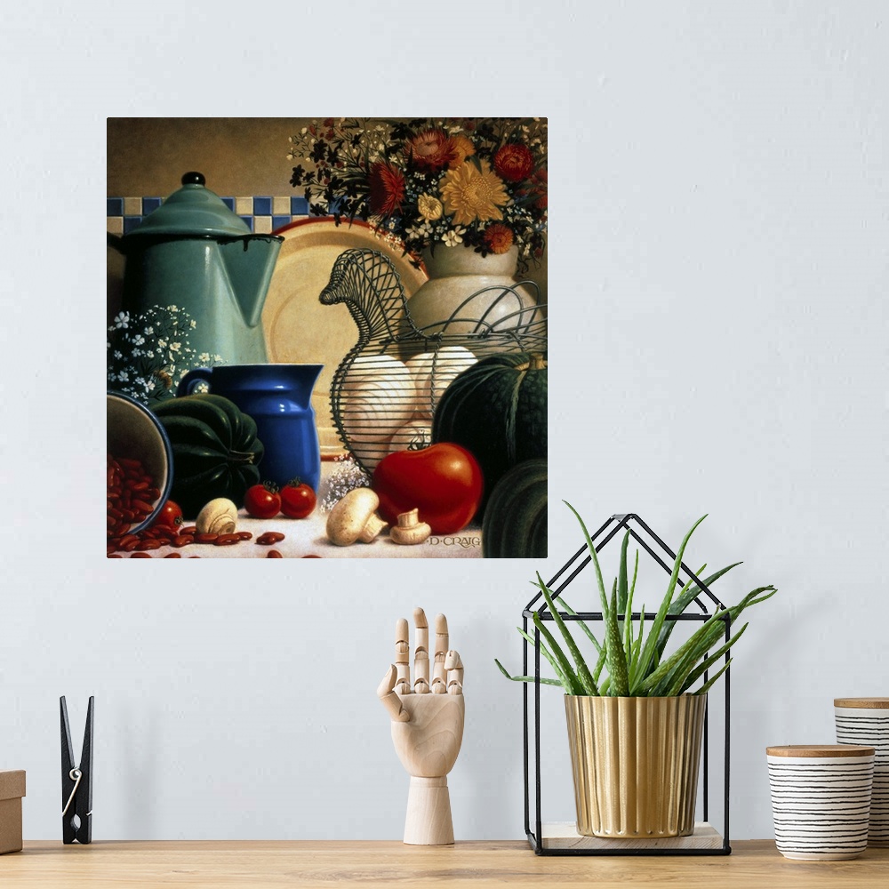 A bohemian room featuring A still life depicting various kitchen items, including a hen-shaped basket for eggs, a coffee pi...