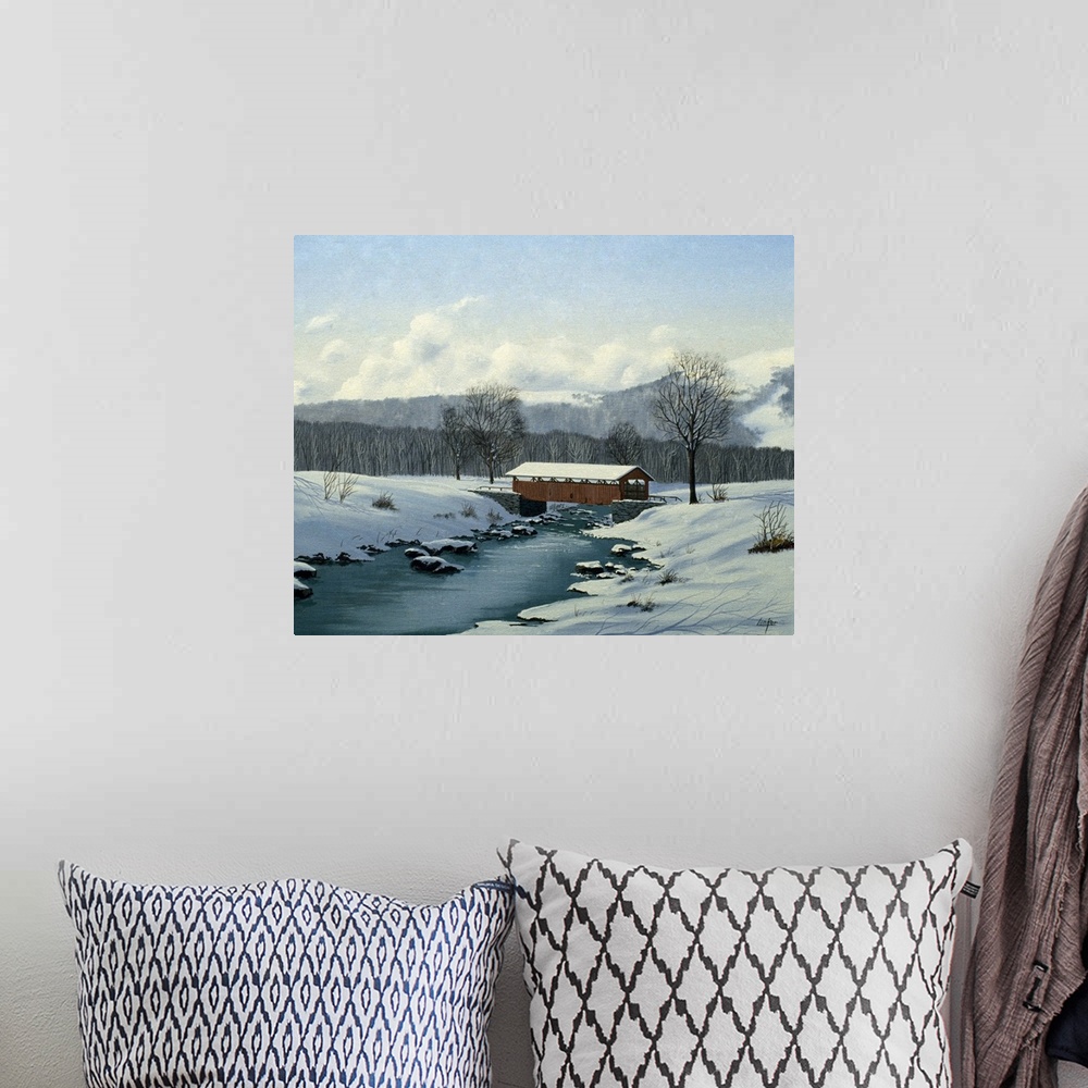 A bohemian room featuring Contemporary painting of a covered bridge in a forest clearing after a heavy snowfall.