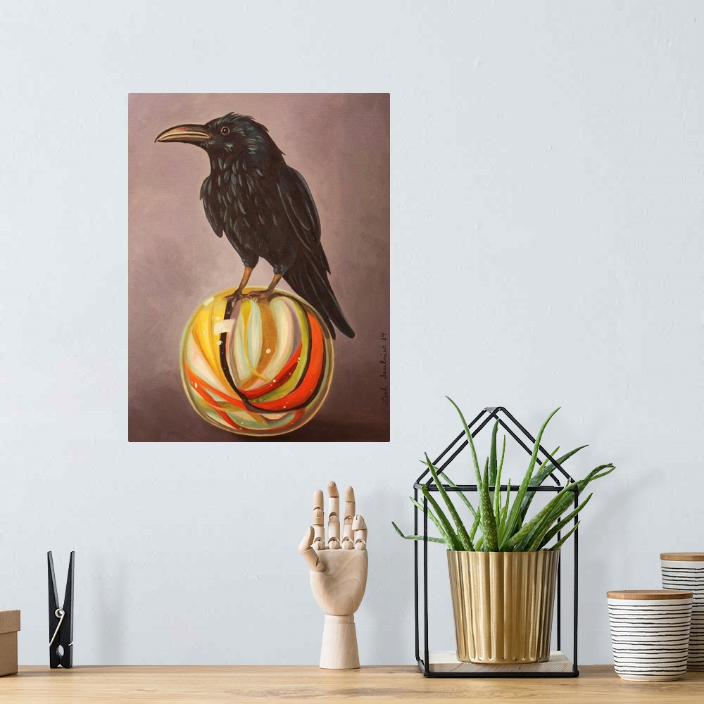 A bohemian room featuring Surrealist painting of a raven sitting atop a glass marble.