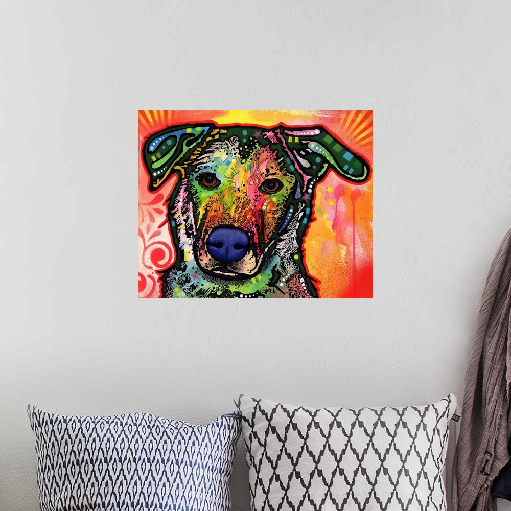 A bohemian room featuring Pop art style painting of a colorful dog with abstract markings on a warm red, pink, yellow, and ...