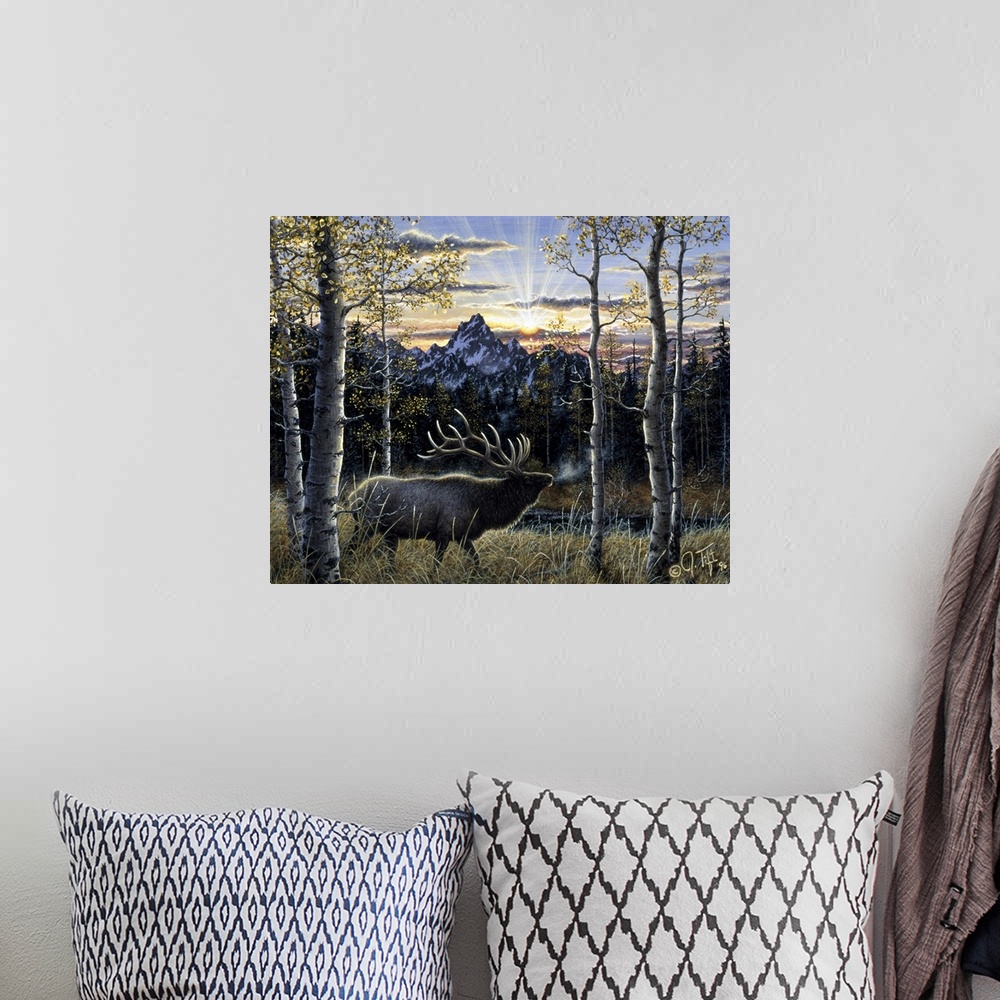 A bohemian room featuring an elk standing in the birches mountain in background