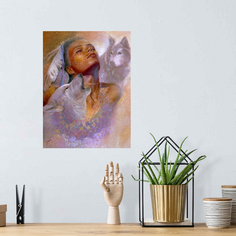 A bohemian room featuring A contemporary painting of a Native American woman with her head and surrounded by wolf portraits.