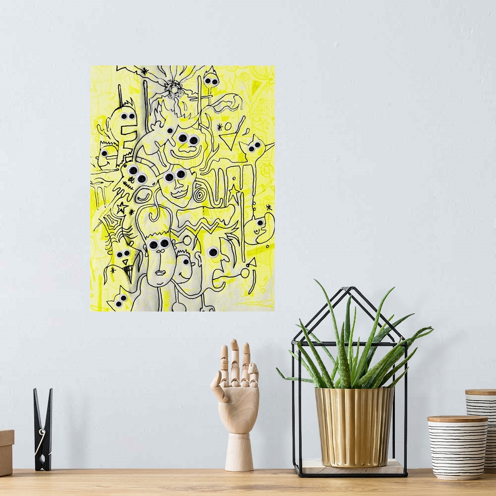 A bohemian room featuring abstract faces in collage