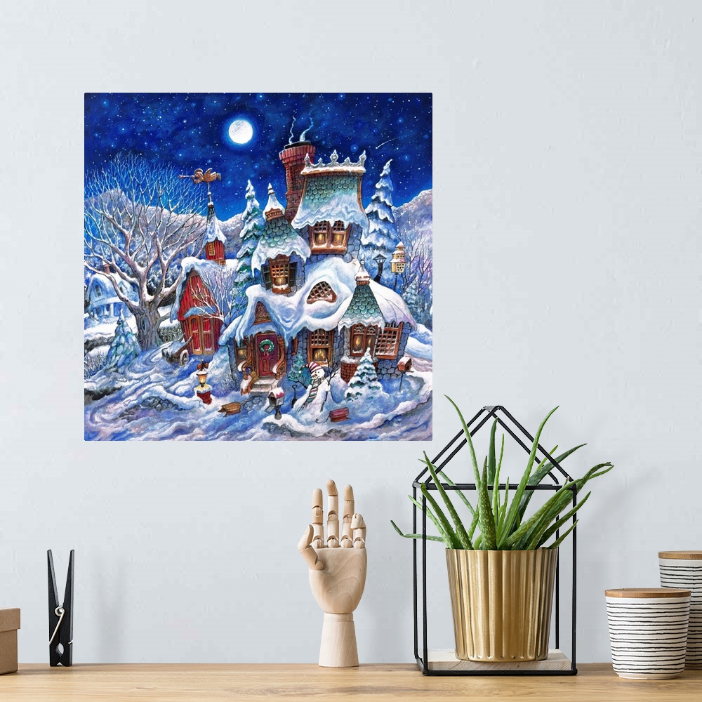 A bohemian room featuring Tipsy Victorian house covered in snow.  Snowman in front yard.