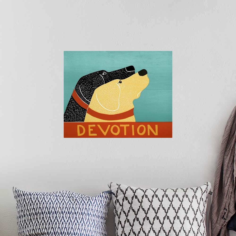A bohemian room featuring Illustration of a yellow and black lab starring at the same thing with the word "Devotion" writte...