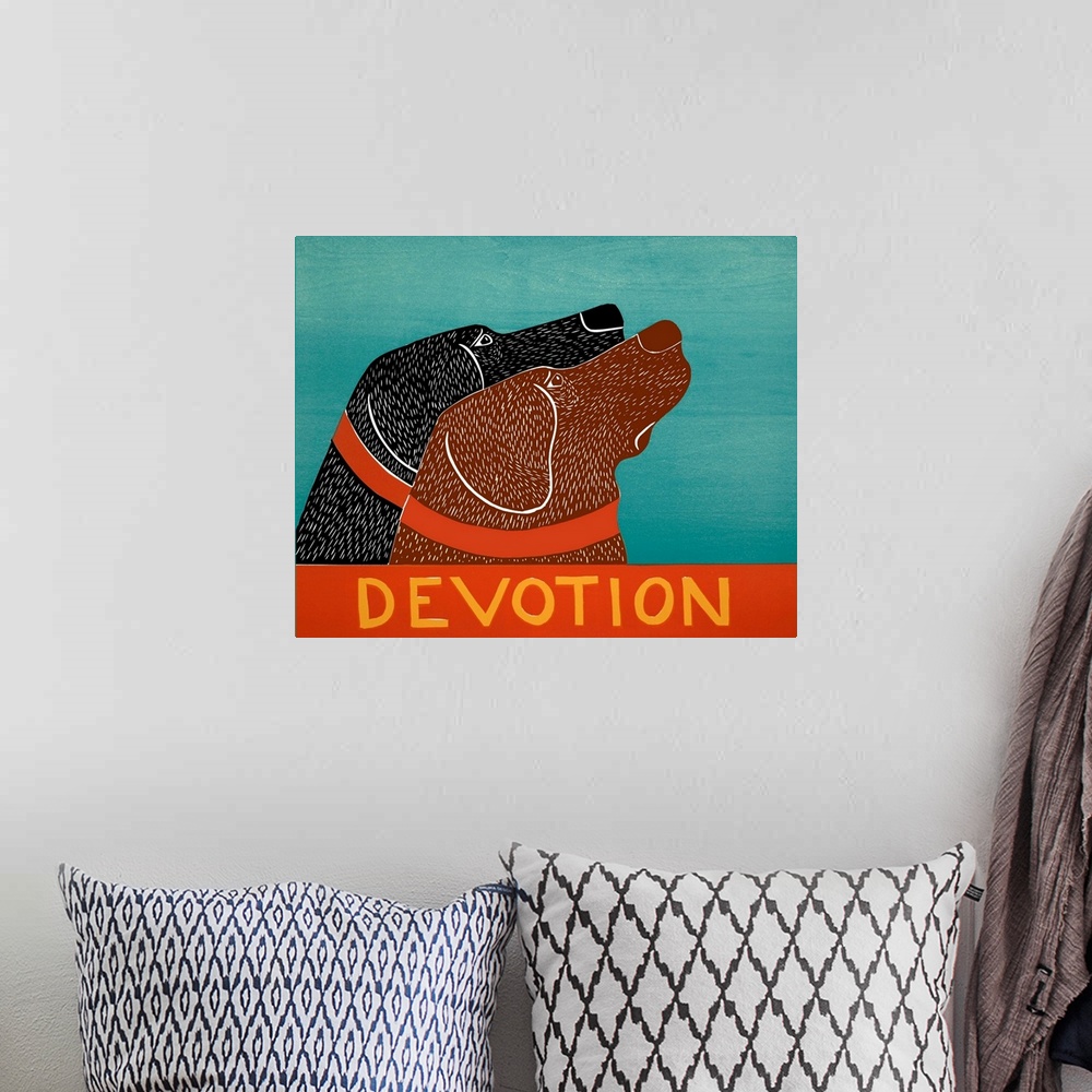A bohemian room featuring Illustration of a chocolate and black lab starring at the same thing with the word "Devotion" wri...