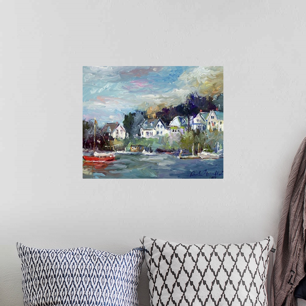A bohemian room featuring Contemporary painting of a small coastal town harbor.