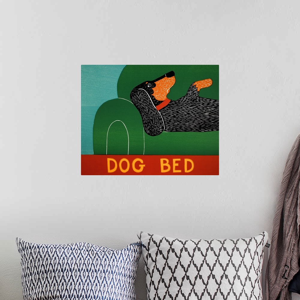 A bohemian room featuring Illustration of a Dachshund laying on a green couch with "Dog Bed" written at the bottom.