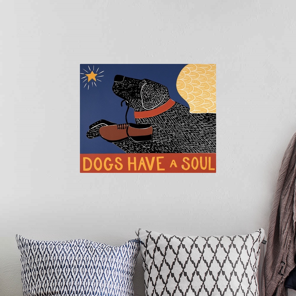 A bohemian room featuring Illustration of a black lab with angel wings flying towards a star and carrying a loafer in its m...