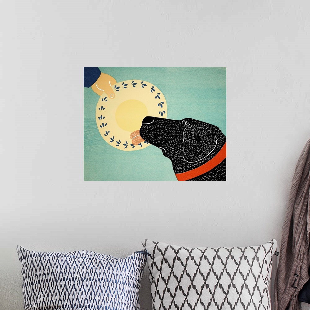 A bohemian room featuring Illustration of a black lab licking a dinner plate clean.