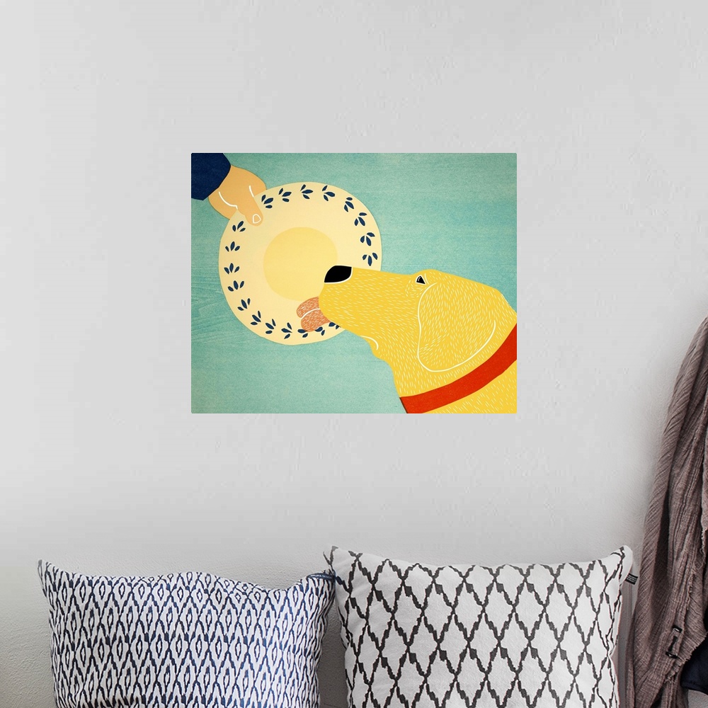 A bohemian room featuring Illustration of a yellow lab licking a dinner plate clean.