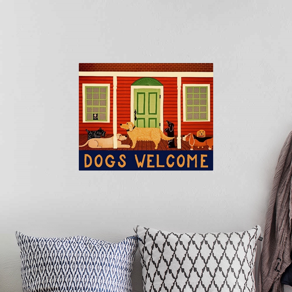 A bohemian room featuring Illustration of various breeds of dogs hanging out on the front porch of a red house with a cat i...