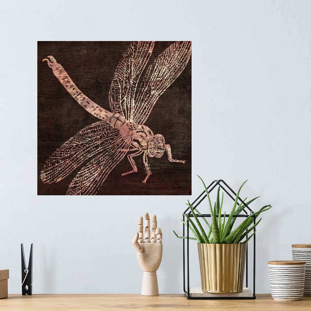 A bohemian room featuring etching of dragonfly