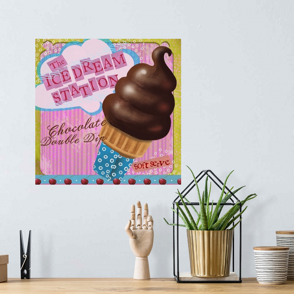 A bohemian room featuring Ice cream parlor sign with Chocolate double dip cone.
