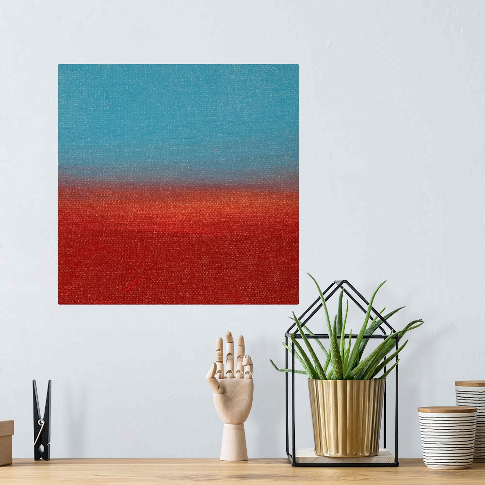 A bohemian room featuring Square abstract color block painting.