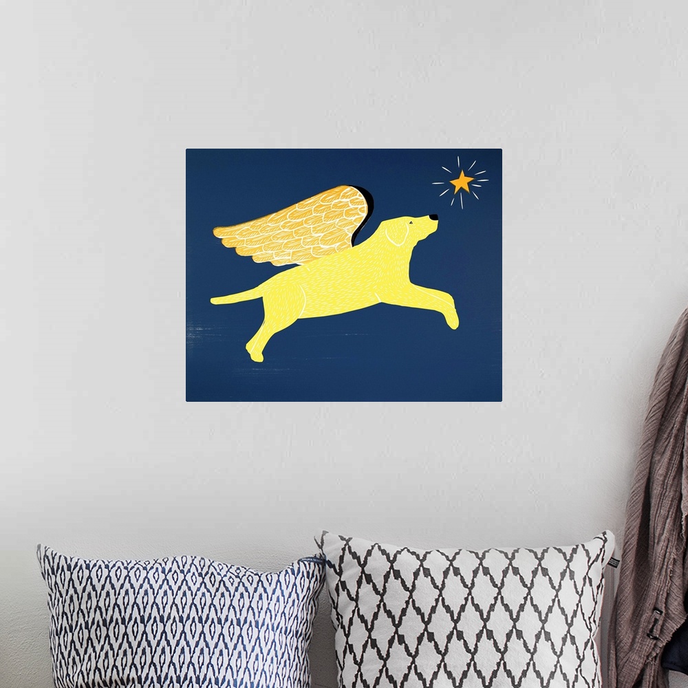 A bohemian room featuring Illustration of a yellow lab with gold wings flying in the night sky towards a bright star.