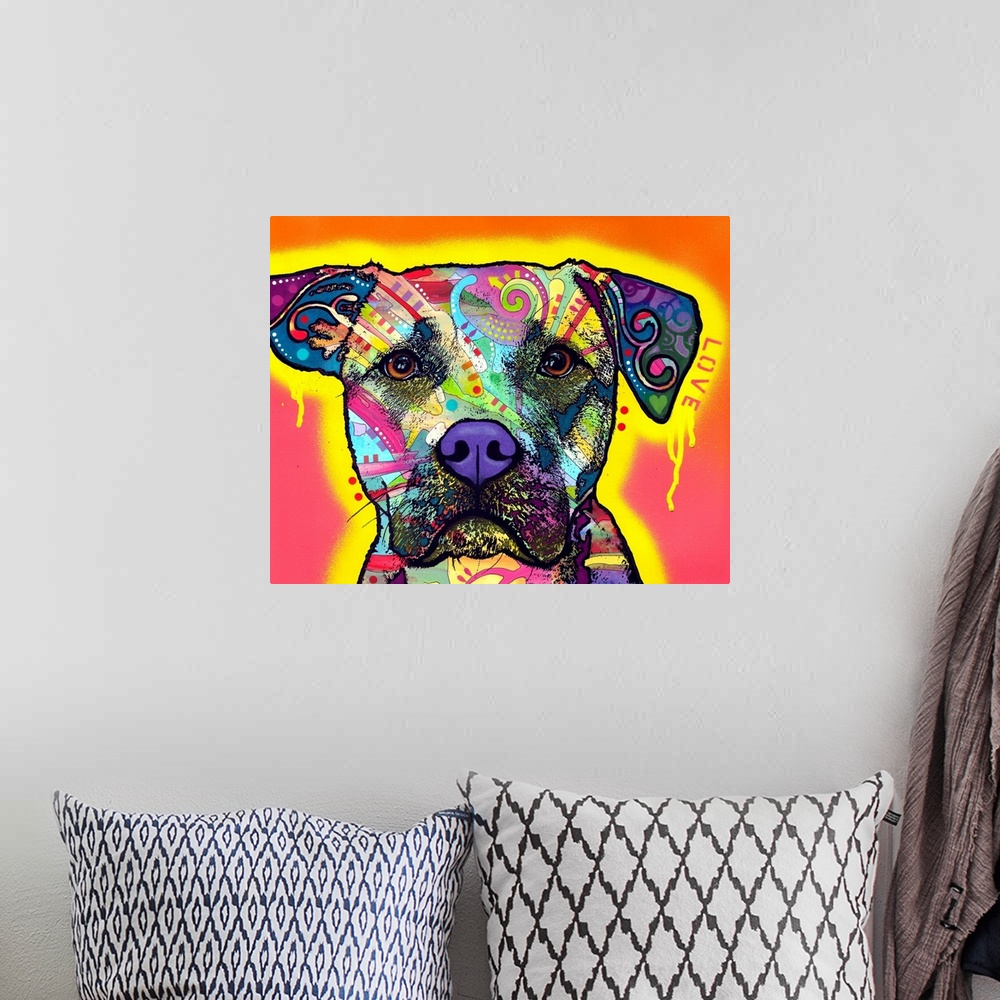 A bohemian room featuring Vibrant painting of a dog with abstract designs and a yellow outline with paint dripping on an or...