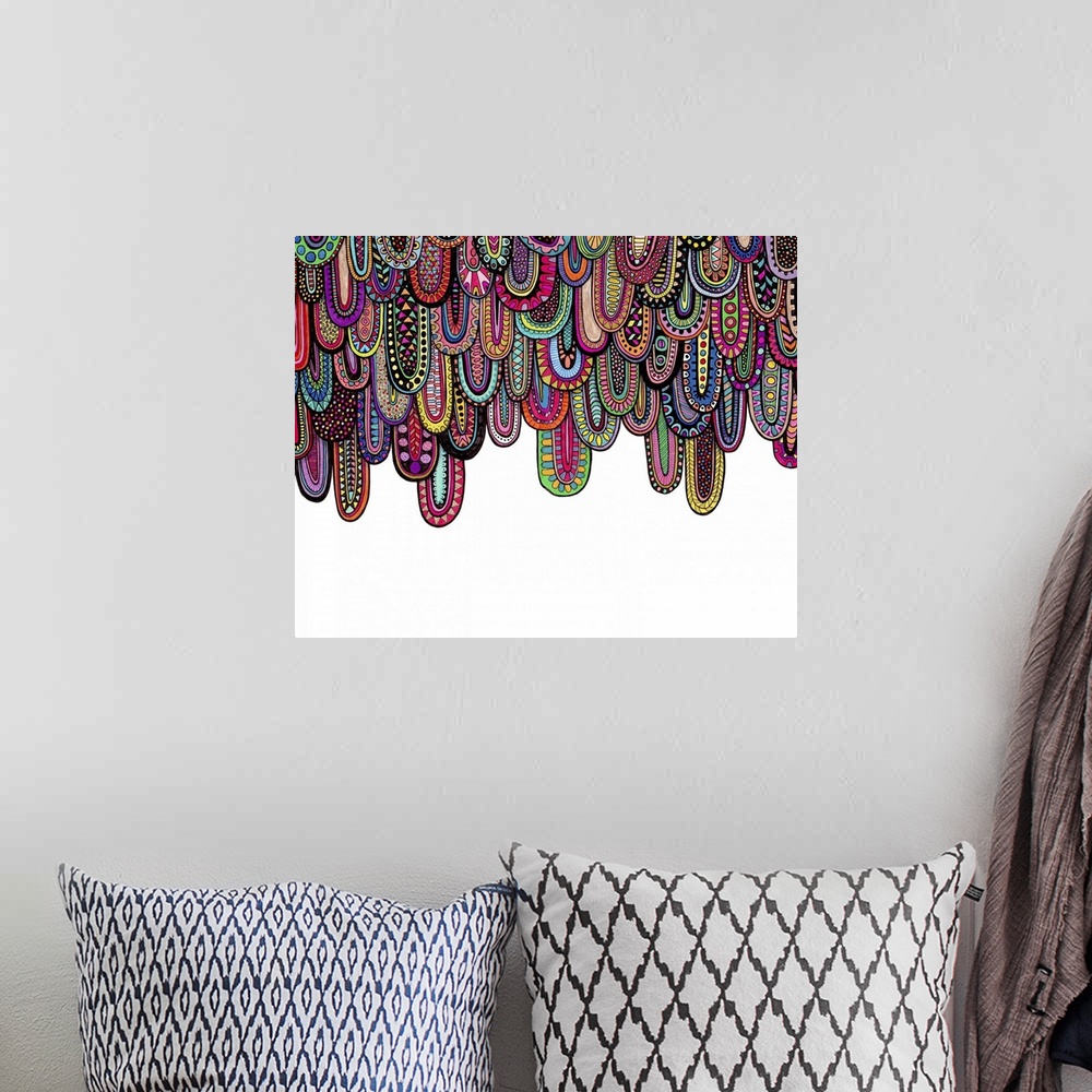A bohemian room featuring Contemporary abstract artwork using bright vibrant colors and organic shapes.