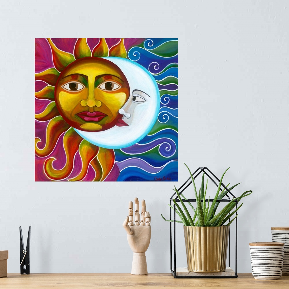 A bohemian room featuring Contemporary painting of a sun and moon together making one figure.