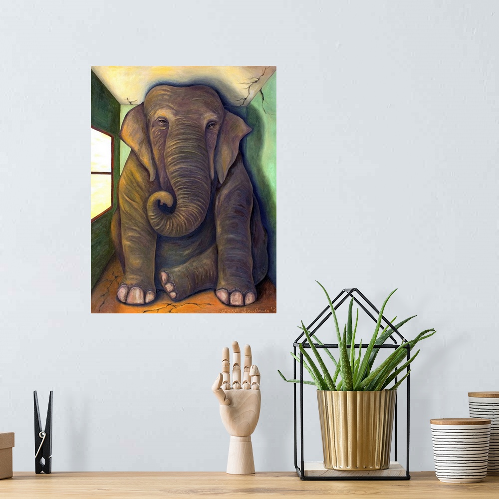 A bohemian room featuring Surrealist painting of a large elephant sitting in tiny room.