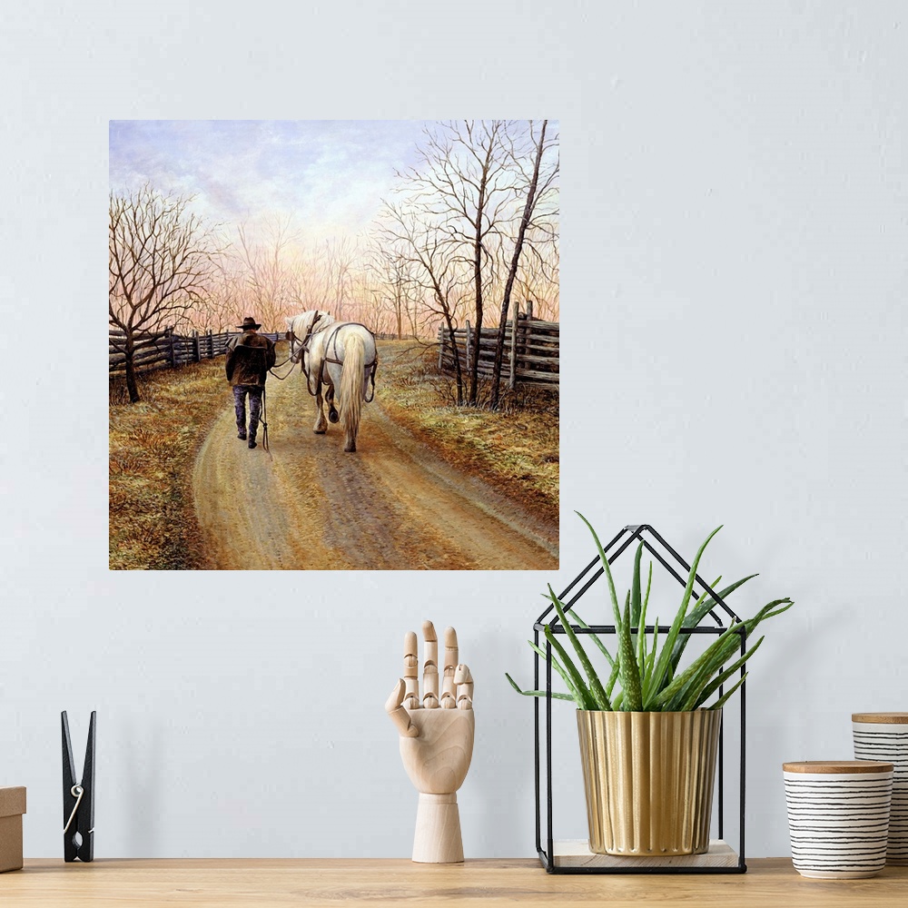 A bohemian room featuring Contemporary painting of a man walking his horse home on a dirt path.