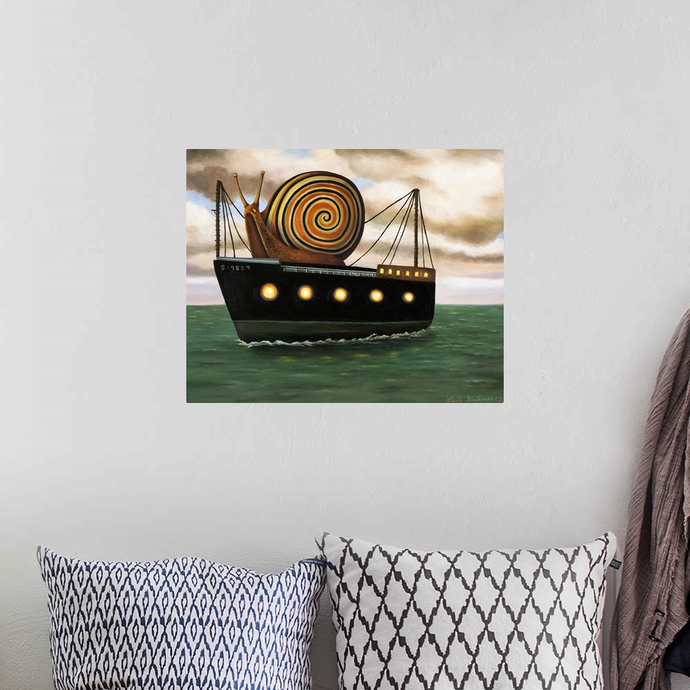 A bohemian room featuring Surrealist painting of a giant snail riding a cargo ship.