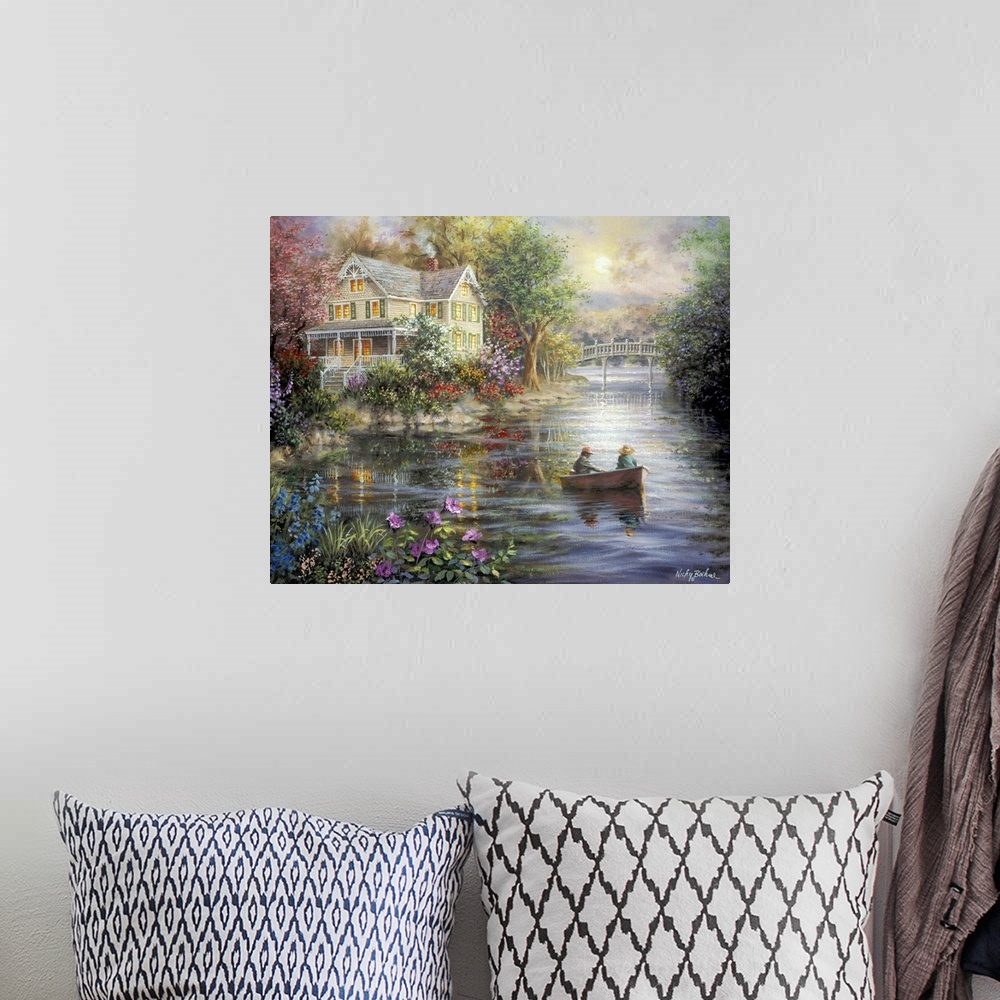A bohemian room featuring Painting of riverside scene featuring houses with glowing windows. Product is a painting reproduc...