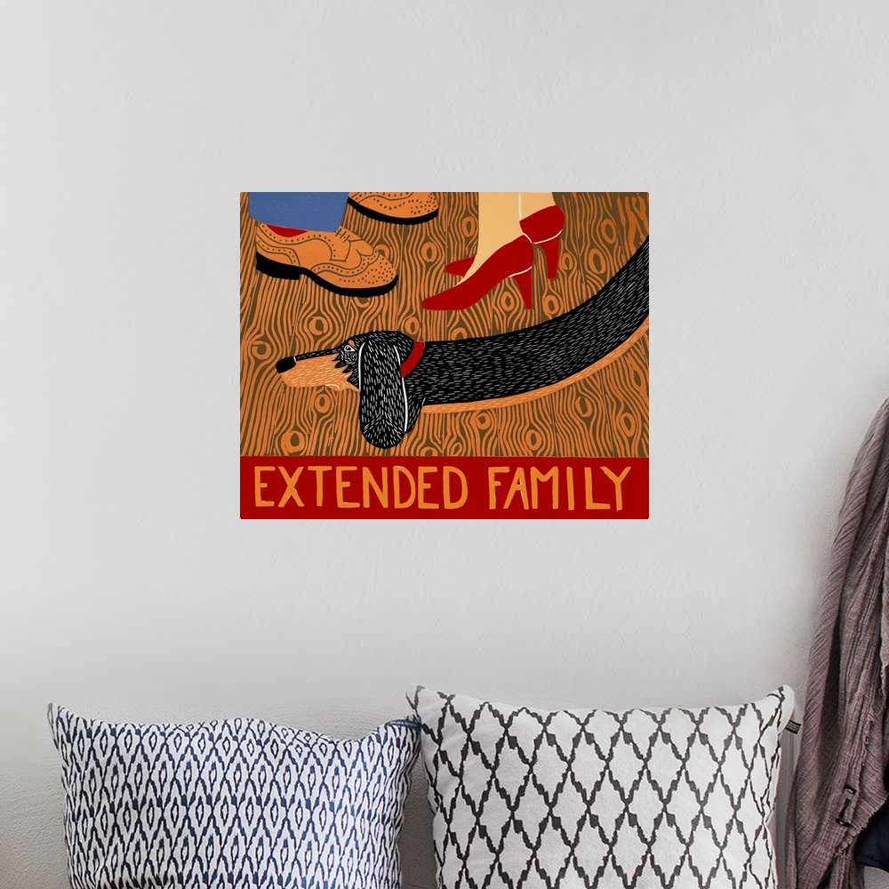 A bohemian room featuring Illustration of a long dachshund at its owners feet and the phrase "Extended Family" written at t...
