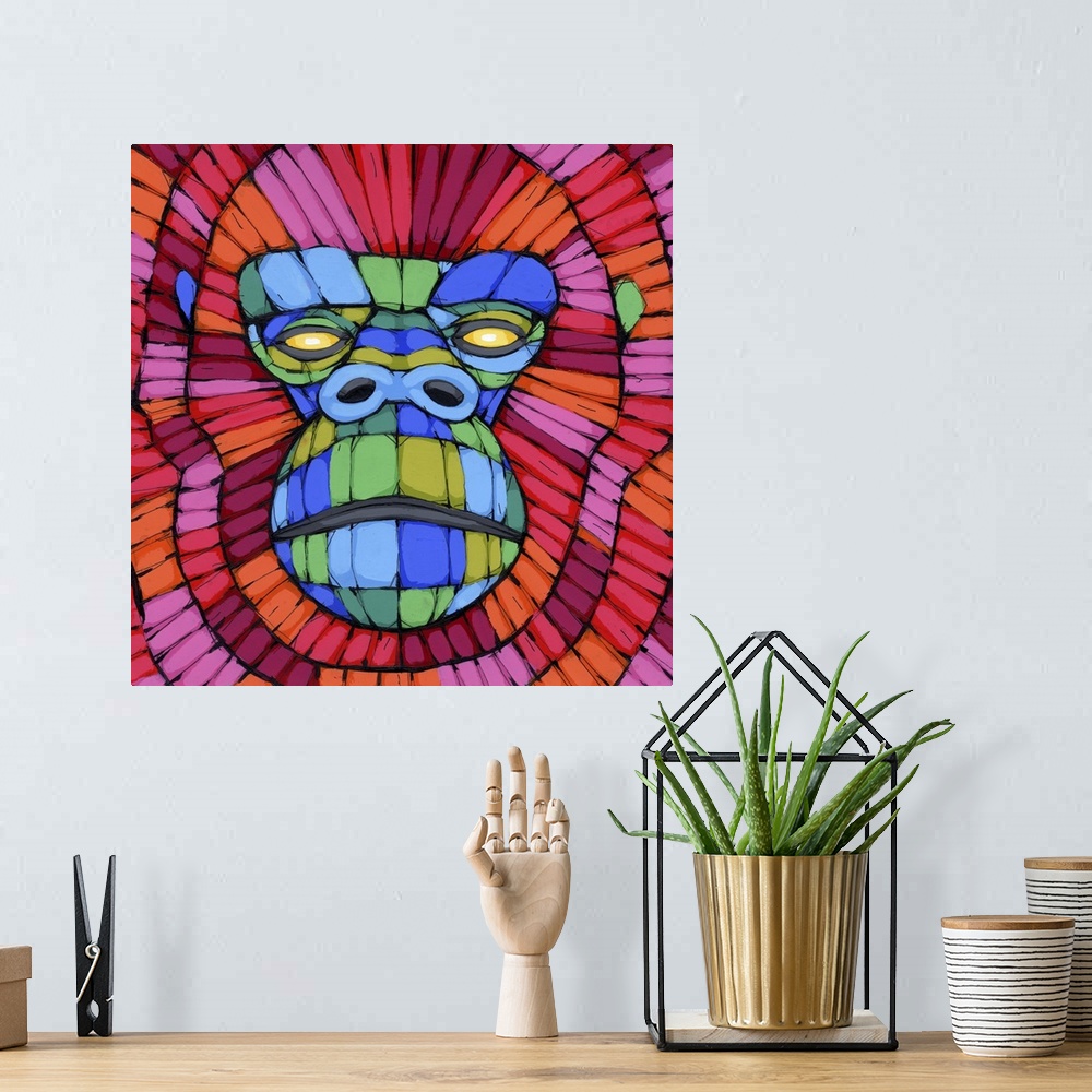 A bohemian room featuring Pop art painting of a portrait of a gorilla in vivid colors.