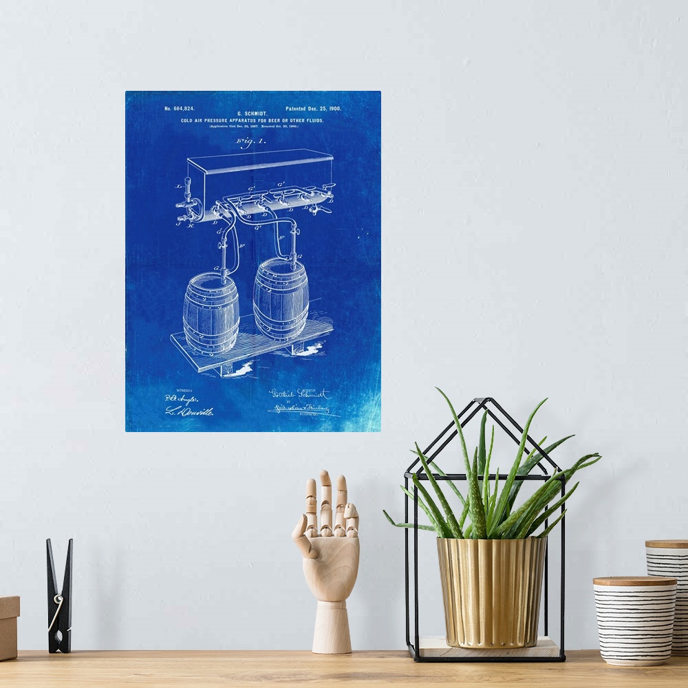 A bohemian room featuring Faded Blueprint Beer Keg Cold Air Pressure Tap Poster