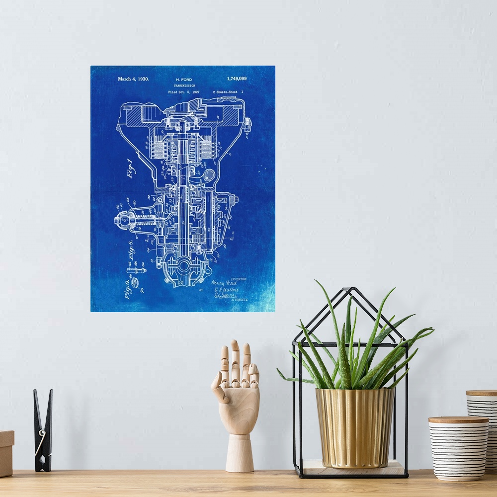 A bohemian room featuring Faded Blueprint Henry Ford Transmission Patent Poster