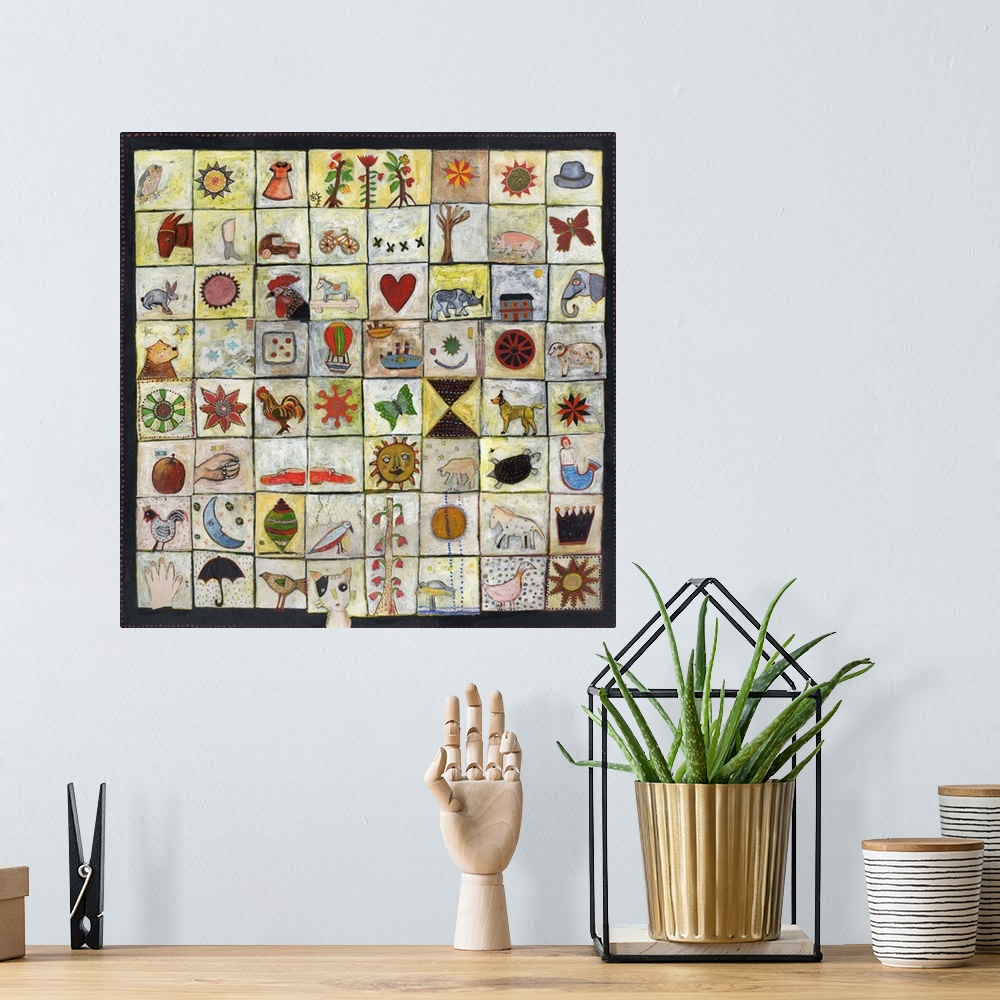 A bohemian room featuring Lighthearted contemporary painting of a patchwork of different images compiled together.